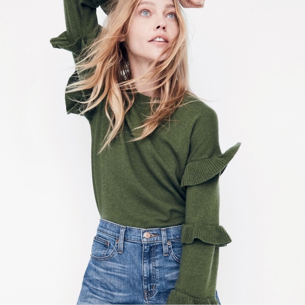 J. Crew Deep Moss Sweater with Ruffle Sleeves - Size XXS